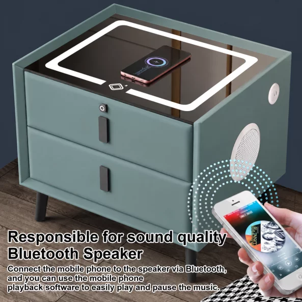 Intelligens ejjeliszekreny vezetek nelkuli toltessel, LED vilagitas, Bluetooth hangszoro, USB es Type-C port - zold szin, 2 fiok, modern uveg es fa dizajn