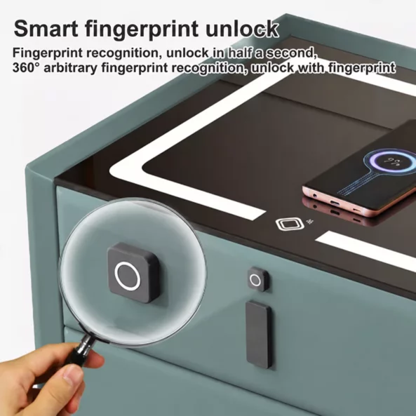 Intelligens ejjeliszekreny vezetek nelkuli toltessel, LED vilagitas, Bluetooth hangszoro, USB es Type-C port - zold szin, 2 fiok, modern uveg es fa dizajn