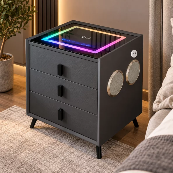 Интелигентно нощно шкафче с безжично зареждане и LED осветление – цвят: антрацит сив, 3 чекмеджета за съхранение, Bluetooth високоговорител