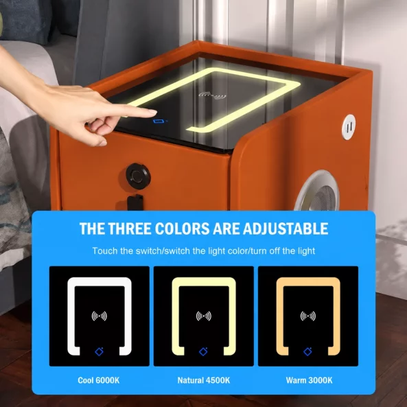 Noptiera inteligenta slim cu incarcare wireless, iluminare LED, difuzor Bluetooth, port USB &amp; Type-C si sistem cu amprenta – culoare portocaliu, 2 sertare, design modern din sticla si lemn