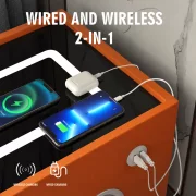 Noptiera inteligenta slim cu incarcare wireless, iluminare LED, difuzor Bluetooth, port USB &amp; Type-C si sistem cu amprenta – culoare portocaliu, 2 sertare, design modern din sticla si lemn