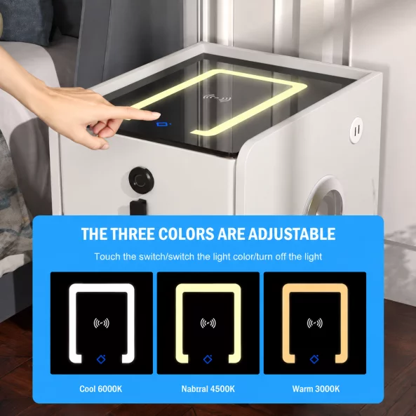 Noptiera inteligenta slim cu incarcare wireless, iluminare LED si 2 sertare – culoare alb, design modern din sticla si lemn