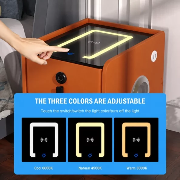 Noptiera inteligenta slim cu incarcare wireless, iluminare LED si 2 sertare – culoare portocaliu, design modern din sticla si lemn