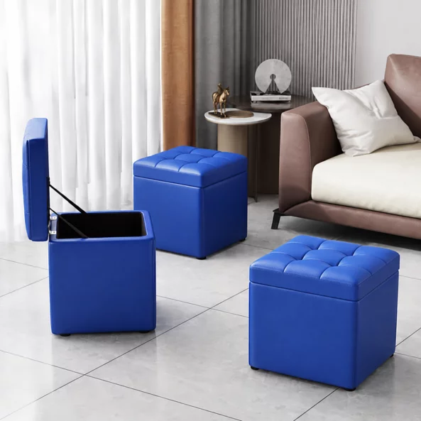 Taburet cu spațiu de depozitare, 30x30x35cm, Albastru – Design modern din MDF, PU și burete