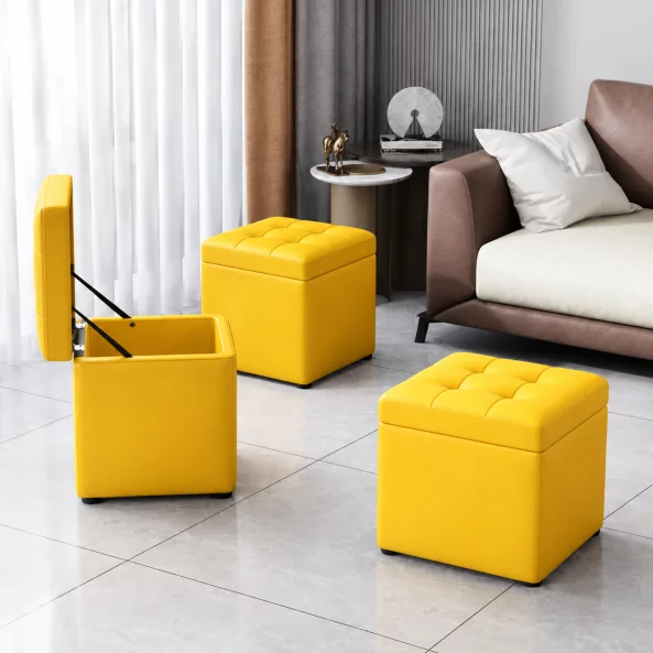 Taburet cu spațiu de depozitare, 30x30x35cm, Galben – Design modern din MDF, PU și burete