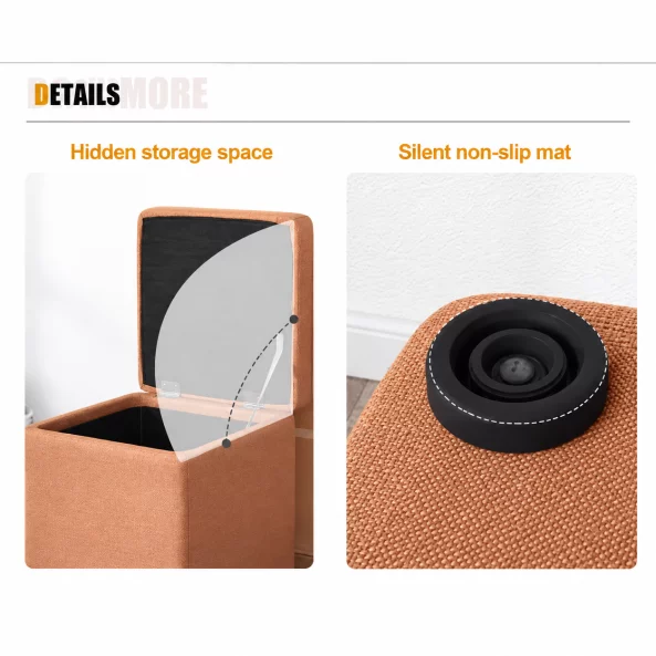 Taburet cu spațiu de depozitare, 30x30x35cm, Portocaliu – Design modern din material textil și burete