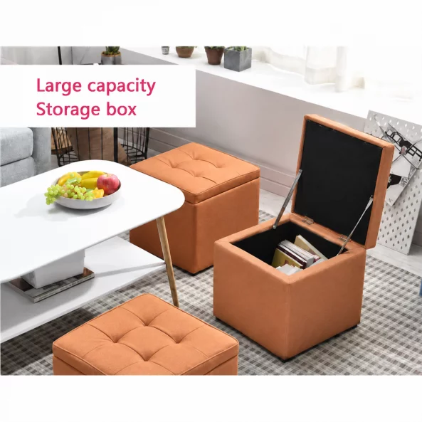 Taburet cu spațiu de depozitare, 30x30x35cm, Portocaliu – Design modern din material textil și burete