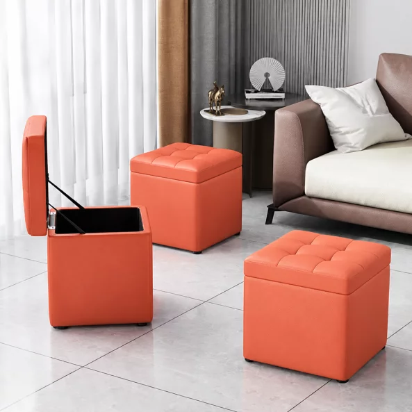 Taburet cu spațiu de depozitare, 30x30x35cm, Portocaliu – Design modern din MDF, PU și burete