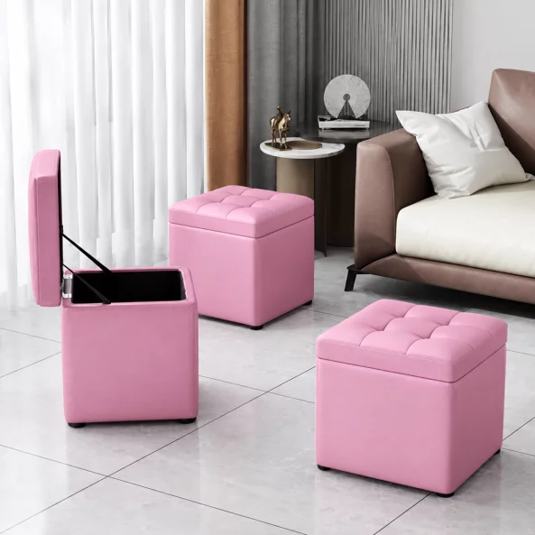 Taburet cu spațiu de depozitare, 30x30x35cm, Roz – Design modern din MDF, PU și burete