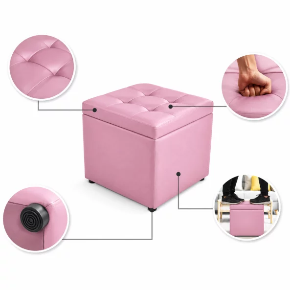 Taburet cu spațiu de depozitare, 30x30x35cm, Roz – Design modern din MDF, PU și burete
