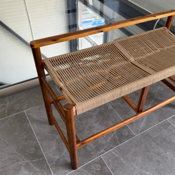 Banca din lemn de acacia cu sezut din franghie impletita, 100×41×65 cm