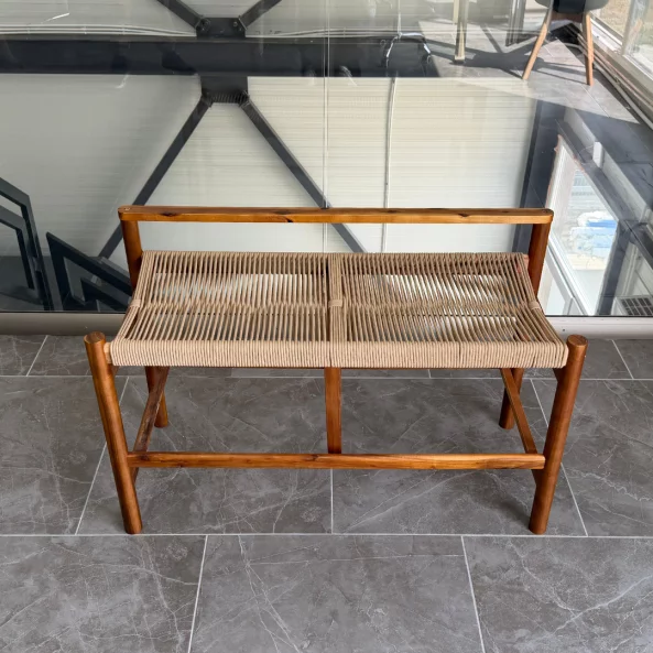 Banca din lemn de acacia cu sezut din franghie impletita, 100×41×65 cm
