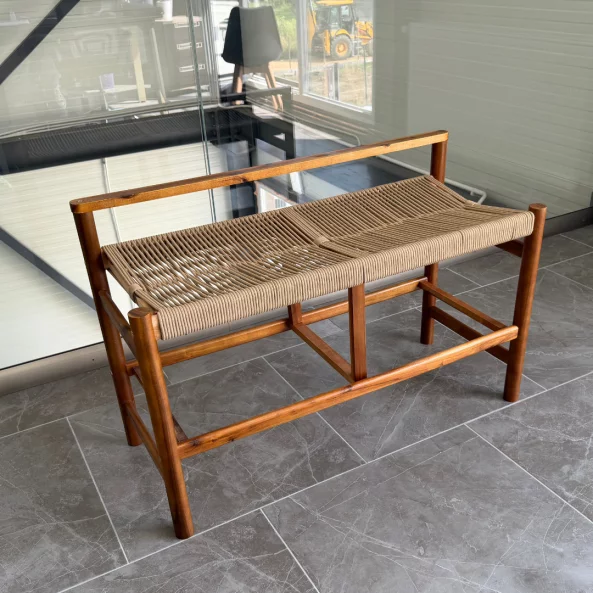 Banca din lemn de acacia cu sezut din franghie impletita, 100×41×65 cm