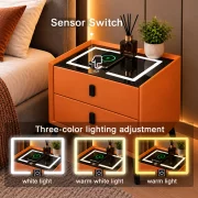 Смарт нощна масичка с безжично зареждане и LED осветление, от стъкло и дърво, 2 чекмеджета, оранжева