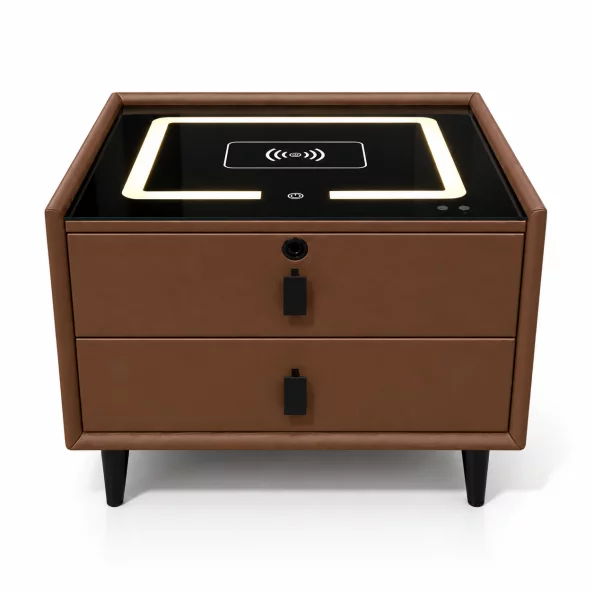 Mesita de noche inteligente con carga inalámbrica, altavoz Bluetooth, iluminación LED, 2 cajones, marrón café