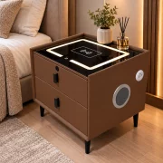 Mesita de noche inteligente con carga inalámbrica, altavoz Bluetooth, iluminación LED, 2 cajones, marrón café