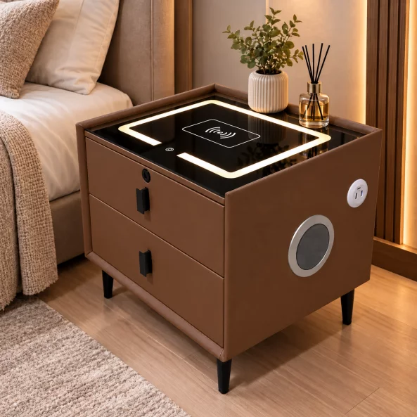 Mesita de noche inteligente con carga inalámbrica, altavoz Bluetooth, iluminación LED, 2 cajones, marrón café