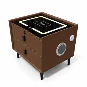 Mesita de noche inteligente con carga inalámbrica, altavoz Bluetooth, iluminación LED, 2 cajones, marrón café