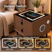 Mesita de noche inteligente con carga inalámbrica, altavoz Bluetooth, iluminación LED, 2 cajones, marrón café