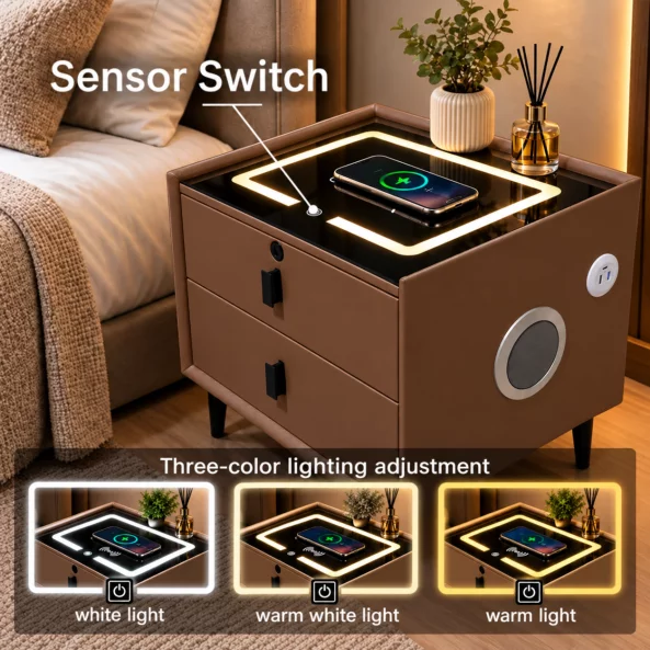 Mesita de noche inteligente con carga inalámbrica, altavoz Bluetooth, iluminación LED, 2 cajones, marrón café