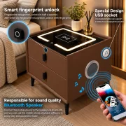 Mesita de noche inteligente con carga inalámbrica, altavoz Bluetooth, iluminación LED, 2 cajones, marrón café