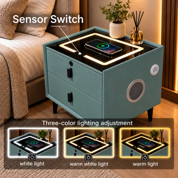 Okos éjjeliszekrény vezeték nélküli töltéssel, Bluetooth hangszóróval, LED-világítással, 2 fiókkal, zöld