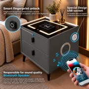Mesita de noche inteligente con carga inalámbrica, altavoz Bluetooth, iluminación LED, 2 cajones, gris