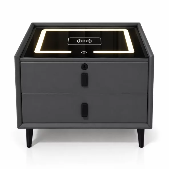 Mesita de noche inteligente con carga inalámbrica, altavoz Bluetooth, iluminación LED, 2 cajones, gris