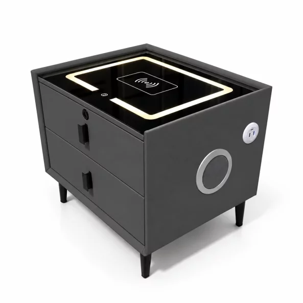 Mesita de noche inteligente con carga inalámbrica, altavoz Bluetooth, iluminación LED, 2 cajones, gris