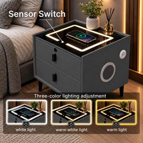 Mesita de noche inteligente con carga inalámbrica, altavoz Bluetooth, iluminación LED, 2 cajones, gris
