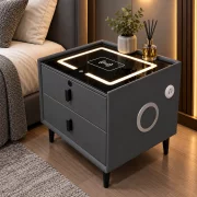 Mesita de noche inteligente con carga inalámbrica, altavoz Bluetooth, iluminación LED, 2 cajones, gris