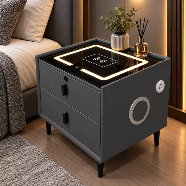 Mesita de noche inteligente con carga inalámbrica, altavoz Bluetooth, iluminación LED, 2 cajones, gris