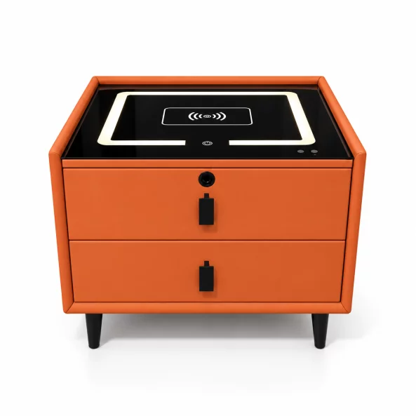 Mesita de noche inteligente con carga inalámbrica, altavoz Bluetooth, iluminación LED, 2 cajones, naranja