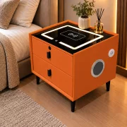 Mesita de noche inteligente con carga inalámbrica, altavoz Bluetooth, iluminación LED, 2 cajones, naranja