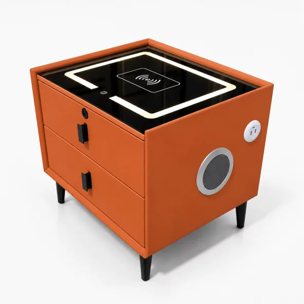 Mesita de noche inteligente con carga inalámbrica, altavoz Bluetooth, iluminación LED, 2 cajones, naranja