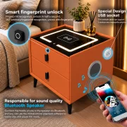 Mesita de noche inteligente con carga inalámbrica, altavoz Bluetooth, iluminación LED, 2 cajones, naranja