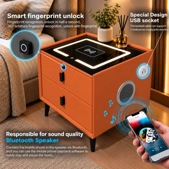 Mesita de noche inteligente con carga inalámbrica, altavoz Bluetooth, iluminación LED, 2 cajones, naranja