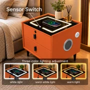 Mesita de noche inteligente con carga inalámbrica, altavoz Bluetooth, iluminación LED, 2 cajones, naranja