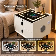 Mesita de noche inteligente con carga inalámbrica, altavoz Bluetooth, iluminación LED, 2 cajones, blanco