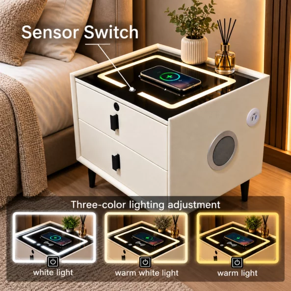 Mesita de noche inteligente con carga inalámbrica, altavoz Bluetooth, iluminación LED, 2 cajones, blanco
