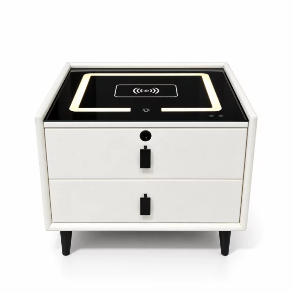 Mesita de noche inteligente con carga inalámbrica, altavoz Bluetooth, iluminación LED, 2 cajones, blanco