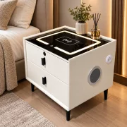 Mesita de noche inteligente con carga inalámbrica, altavoz Bluetooth, iluminación LED, 2 cajones, blanco