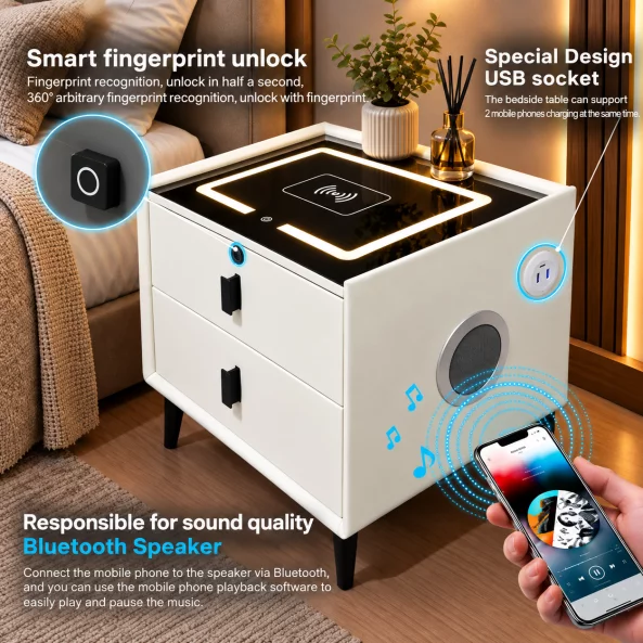 Смарт нощна масичка с безжично зареждане, Bluetooth високоговорител, LED осветление, 2 чекмеджета, бяла