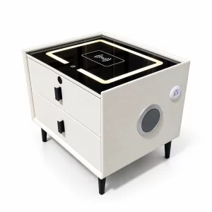 Mesita de noche inteligente con carga inalámbrica, altavoz Bluetooth, iluminación LED, 2 cajones, blanco